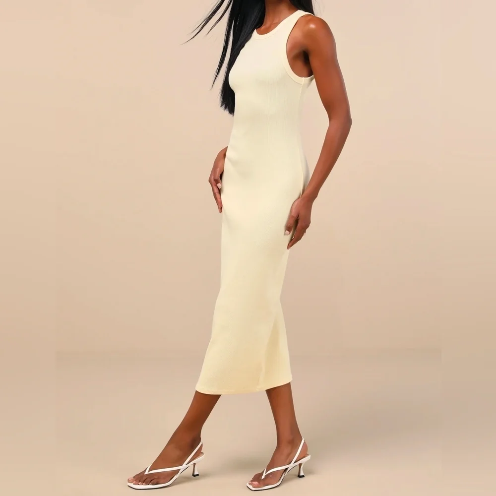Lulus Majorly Trendy Light Yellow Ribbed Bodycon Midi Dress, Size Large - Picture 3 of 9